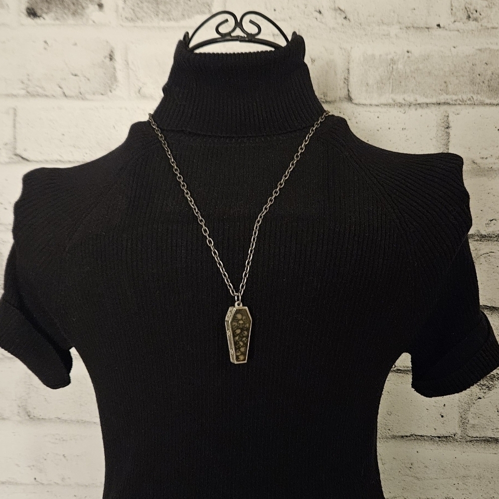 Gothic Coffin Skull Pendant Necklace Black Silver Tone Alt Emo